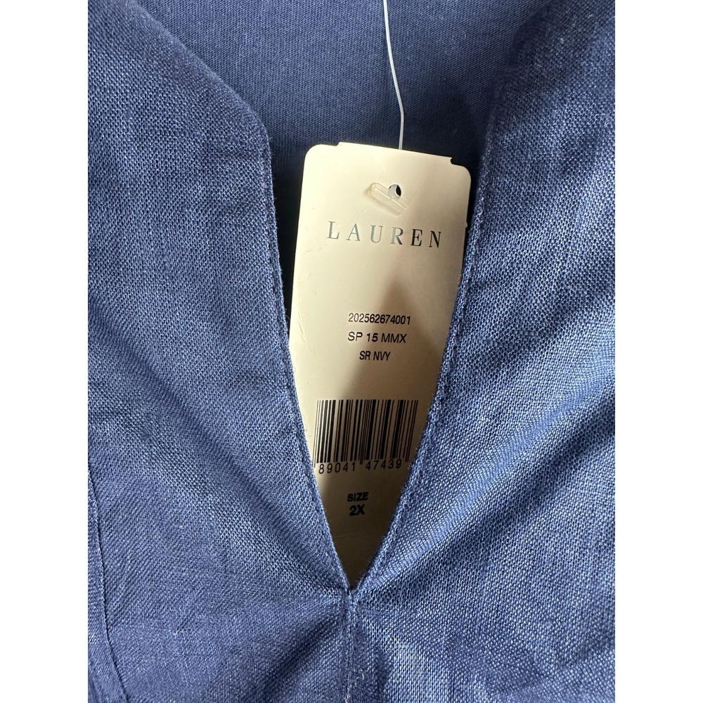NEW Lauren Ralph Lauren Split Neck 3/4 Sleeve Cotton Top Navy Plus Size 2X - Picture 6 of 10